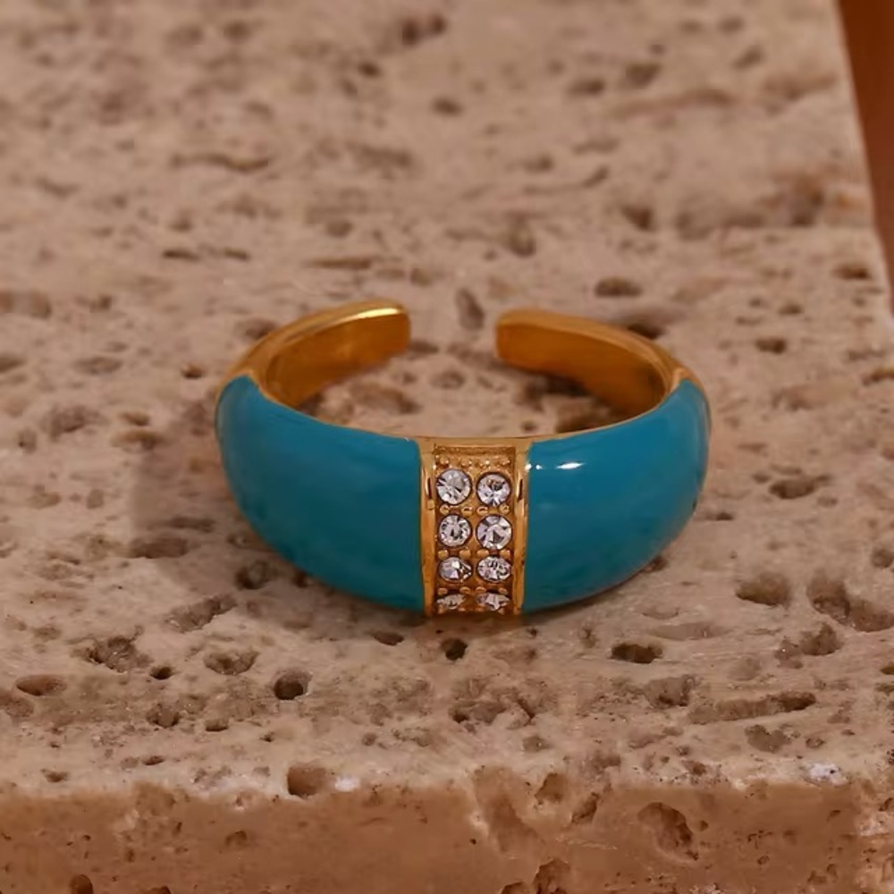 18K Gold Plated Chunky Ring*Open Ring*Aqua Blue Enamel Zircon*Colorful*MJ